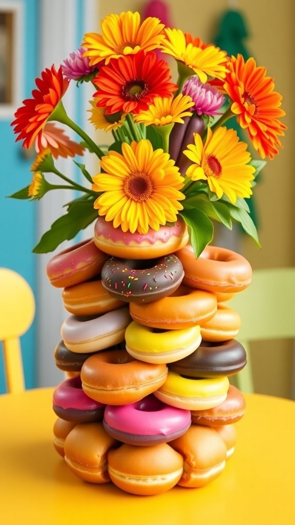 A creative donut flower vase with assorted donuts and fresh flowers on a colorful table.